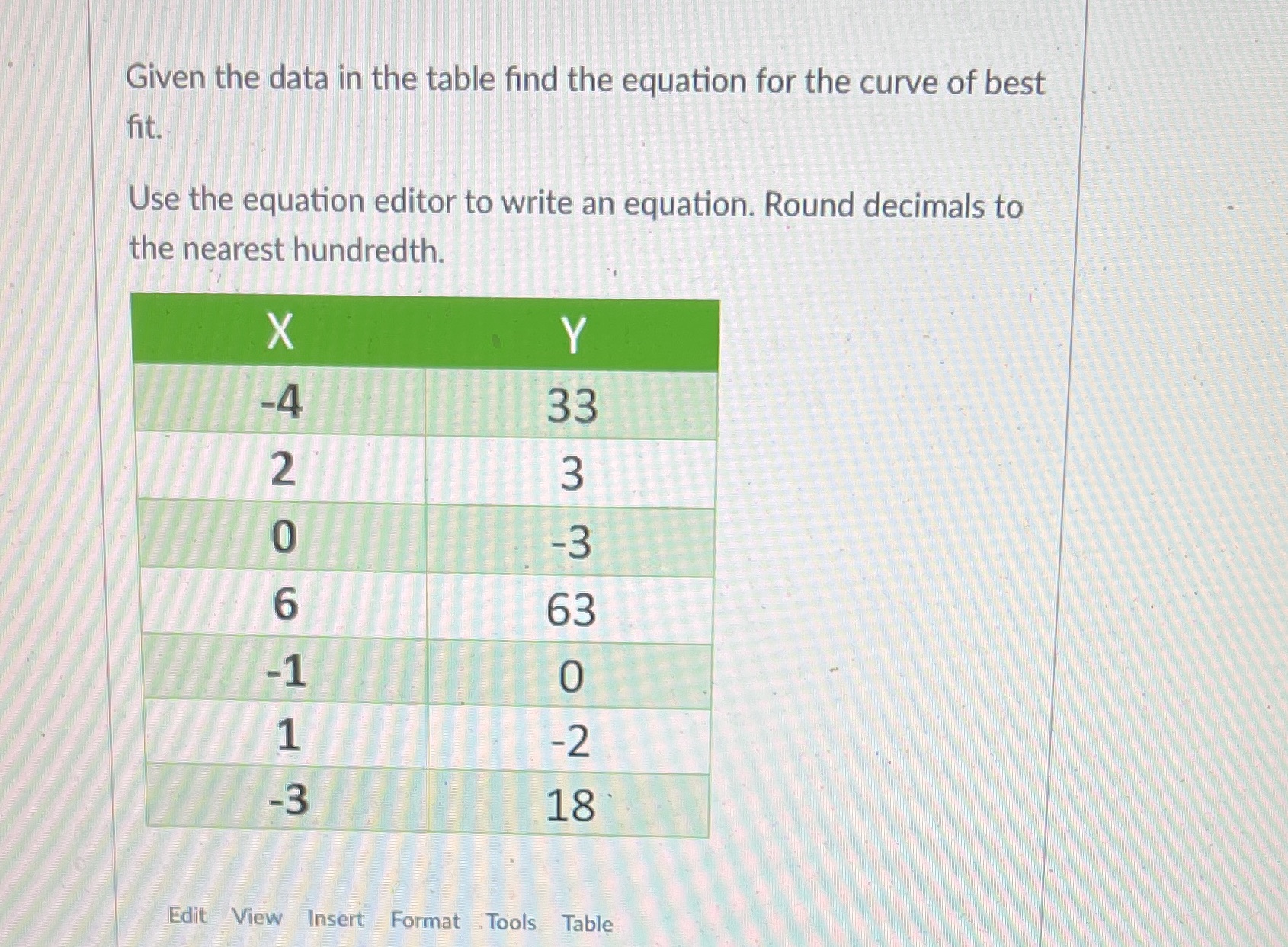  Given the data in the table find the equation for the