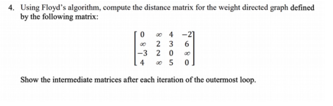  4. Using Floyd's algorithm, compute the distance matrix for the weight