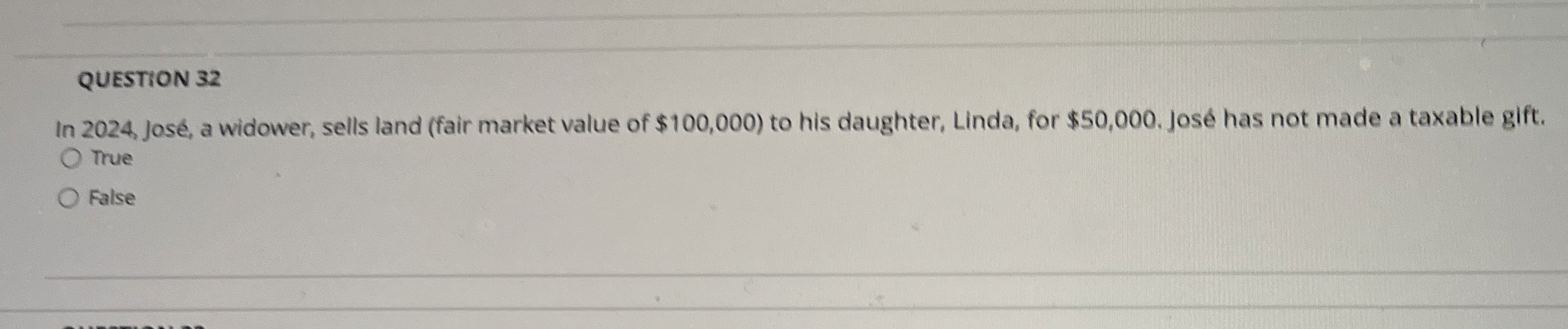  QUESTION 32 In 2024, Jos, a widower, sells land (fair market