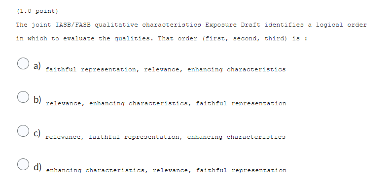  (1.0 point) The joint IASB/FASB qualitative characteristics Exposure Draft identifies a