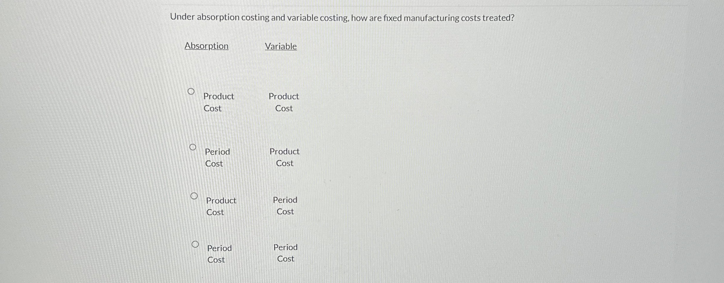  Under absorption costing and variable costing, how are fixed manufacturing costs