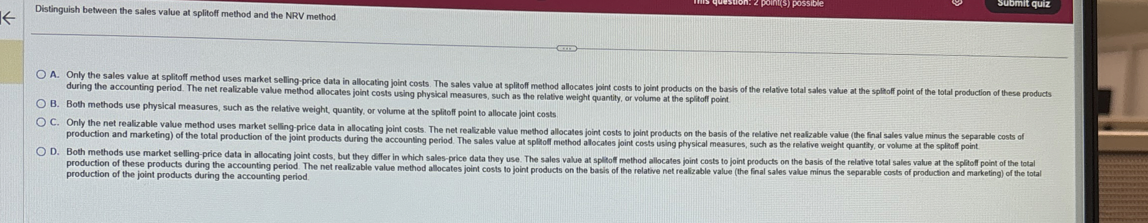  Distinguish between the sales value at splitoff method and the NRV