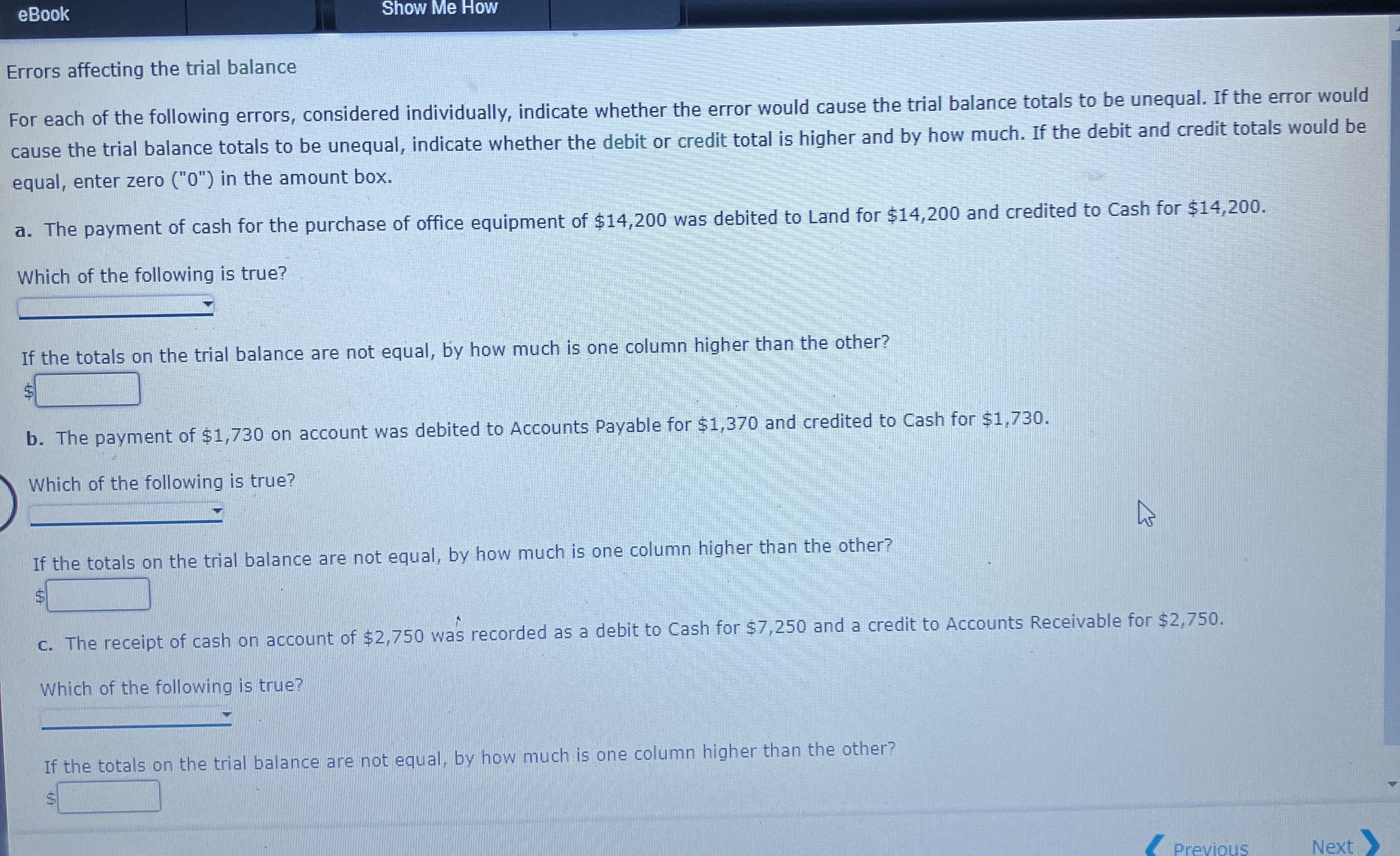  eBook Show Me How Errors affecting the trial balance For each