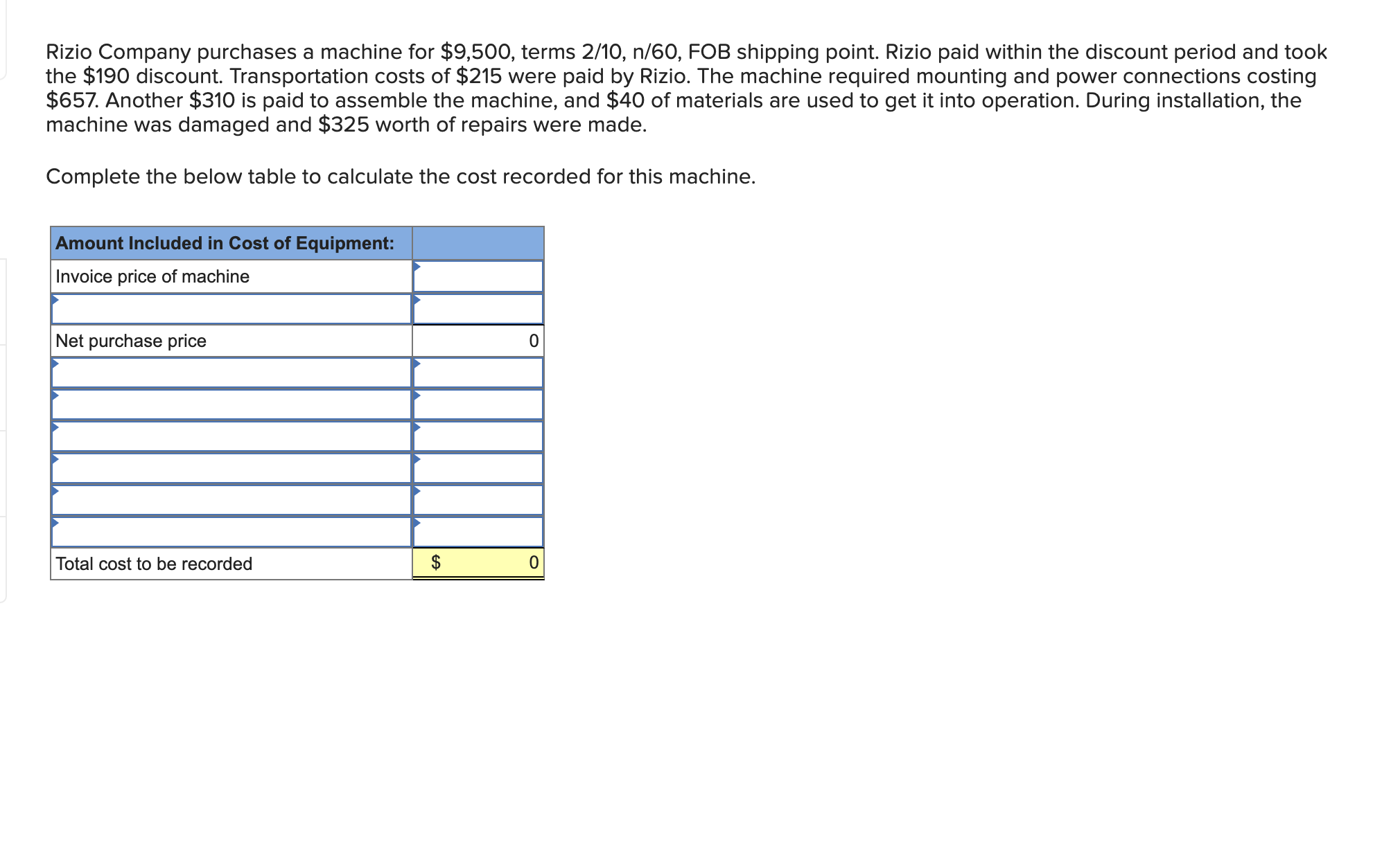  Rizio Company purchases a machine for $9,500, terms 210,n60, FOB shipping
