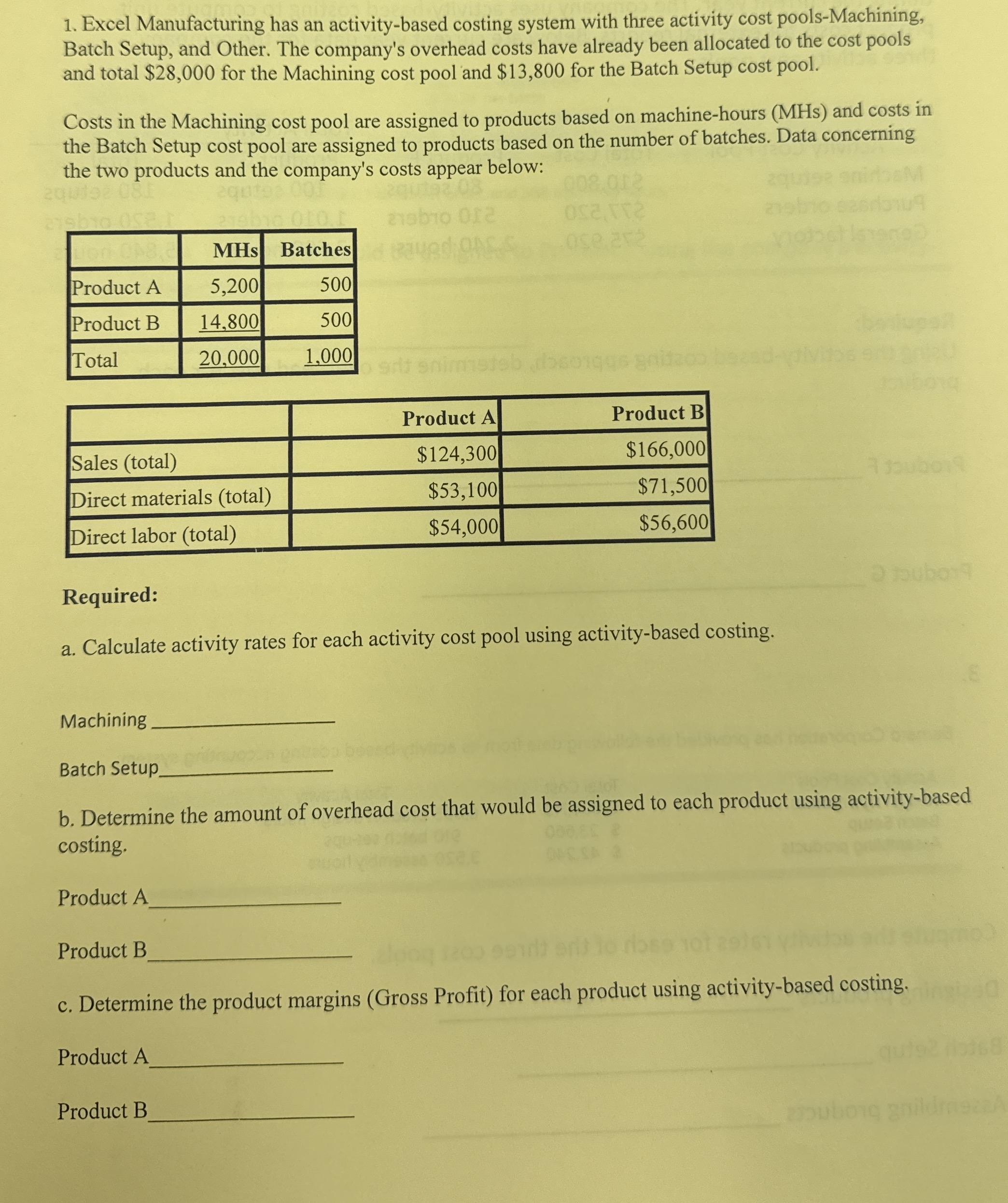  Excel Manufacturing has an activity-based costing system with three activity cost