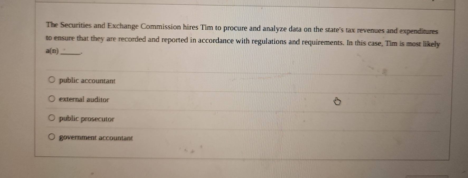  The Securities and Exchange Commission hires Tim to procure and analyze