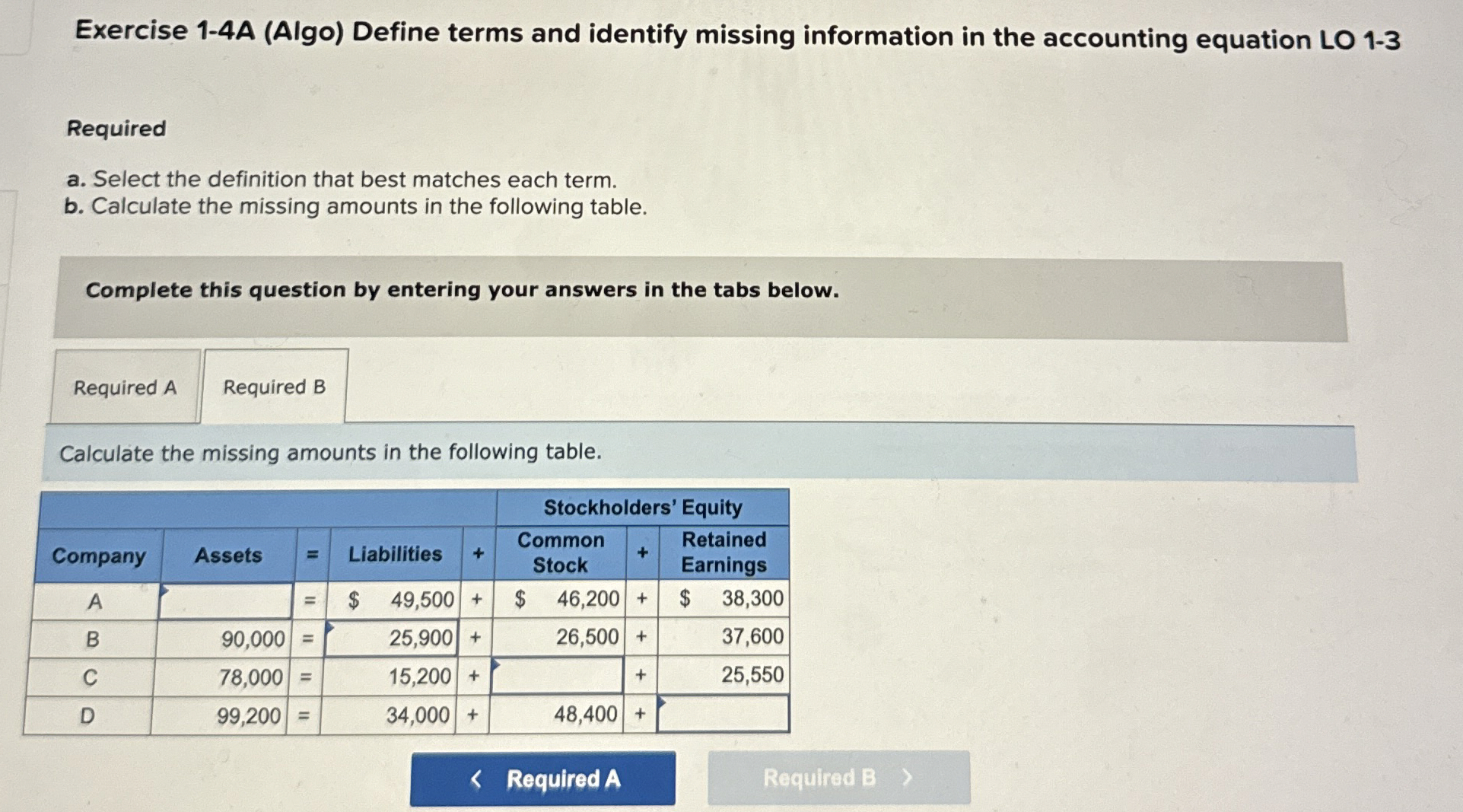  Exercise 1-4A (Algo) Define terms and identify missing information in the