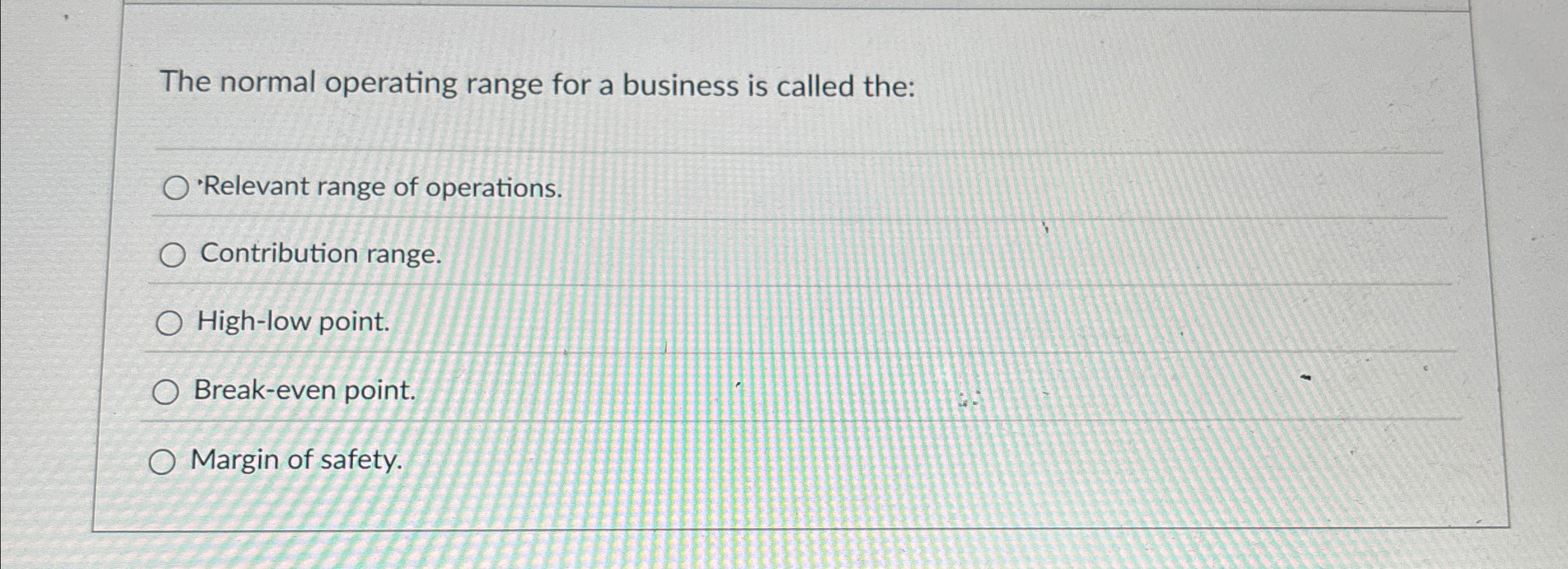  The normal operating range for a business is called the: -Relevant