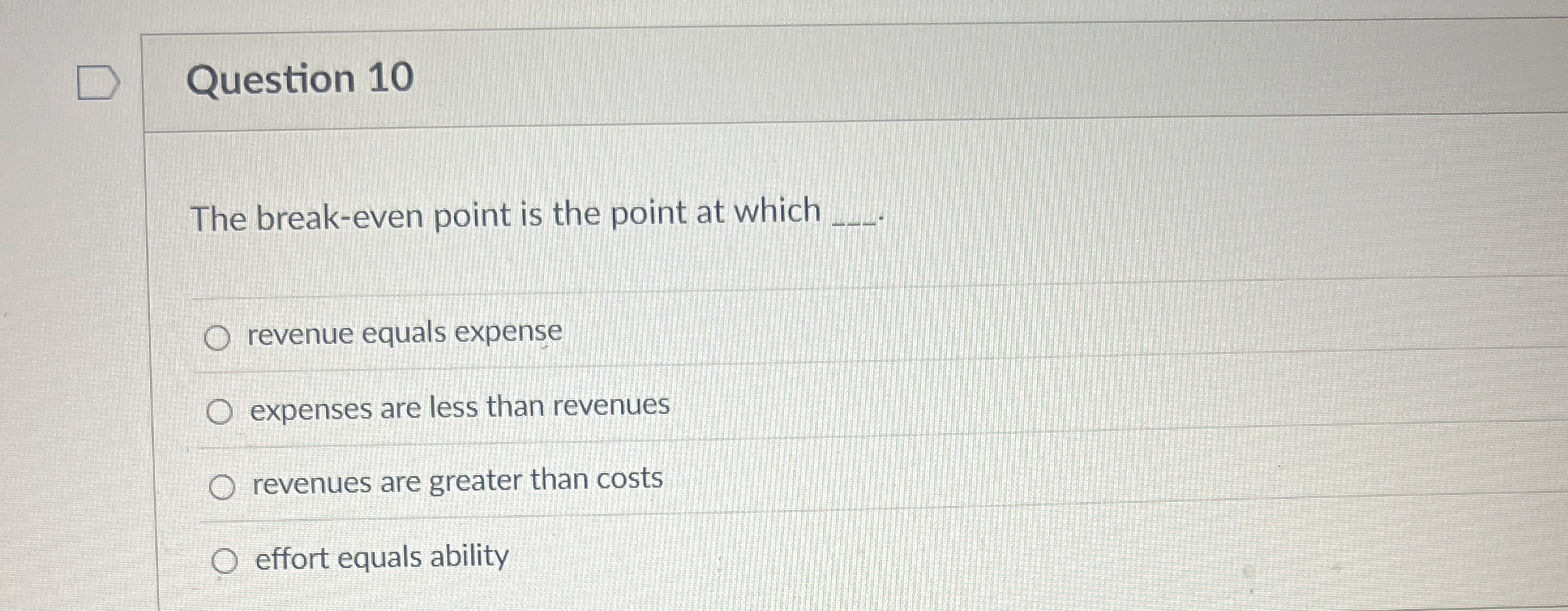  Question 10 The break-even point is the point at which revenue
