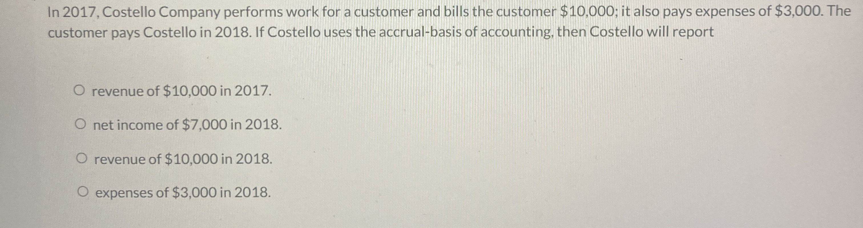  In 2017, Costello Company performs work for a customer and bills
