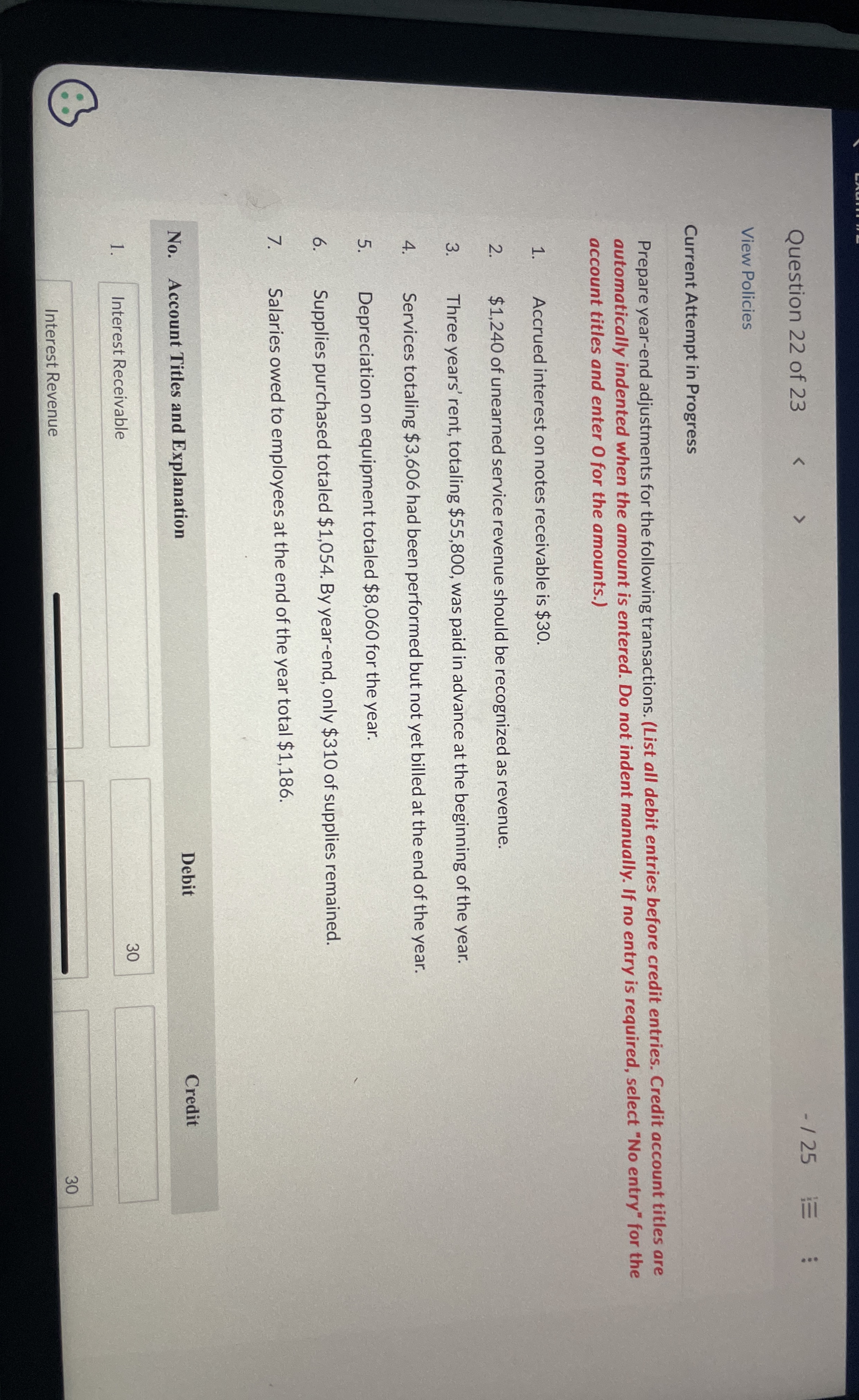  Current Attempt in Progress Prepare year-end adjustments for the following transactions.