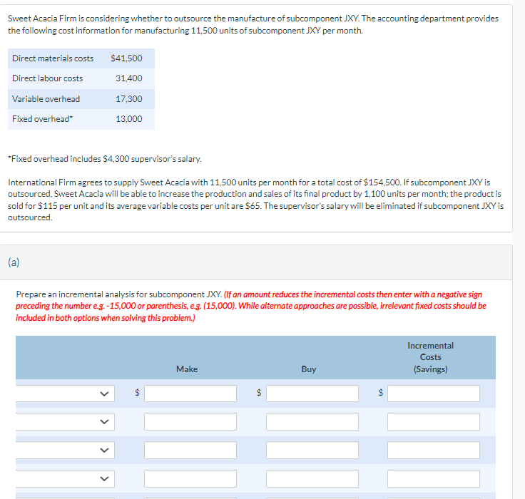  (a) Prepare an incremental analysis for subcomponent JXY.(If an amount reduces