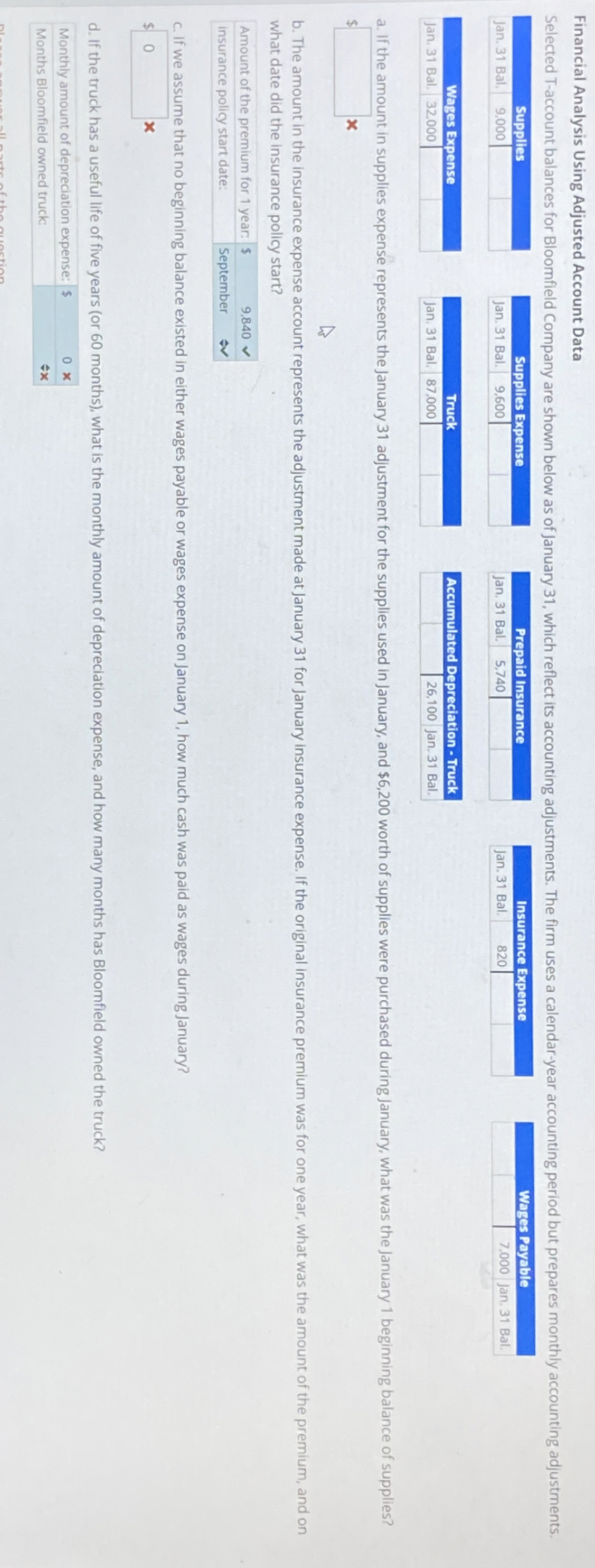  Financial Analysis Using Adjusted Account Data Selected T-account balances for Bloomfield