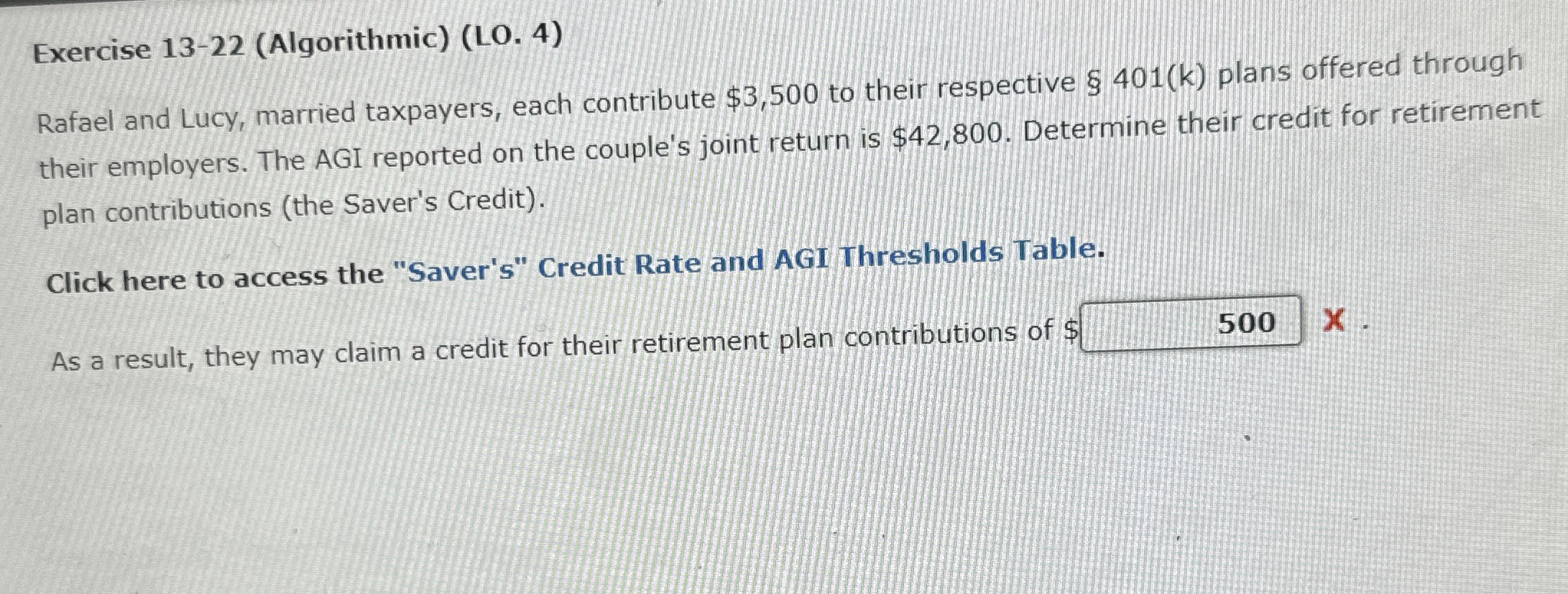  Exercise 13-22(Algorithmic)(LO.4) Rafael and Lucy, married taxpayers, each contribute $3,500 to