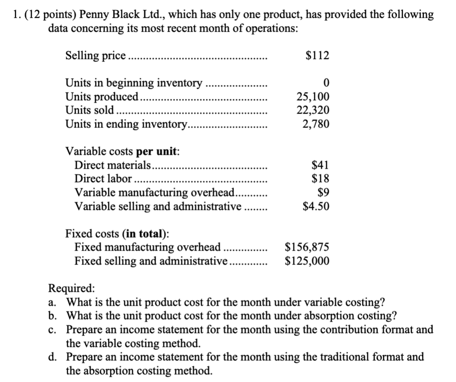  (12 points) Penny Black Ltd., which has only one product, has