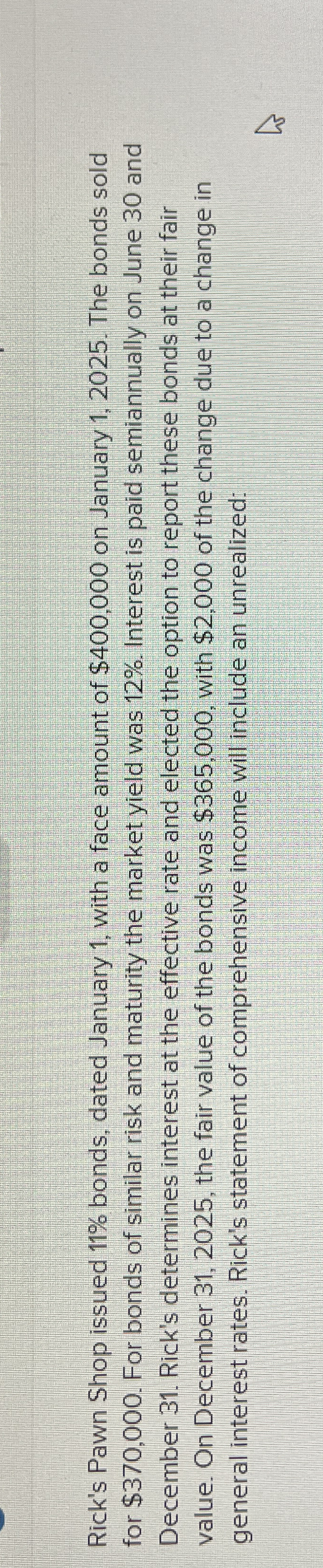 Rick's Pawn Shop issued 11% bonds, dated January 1, with a