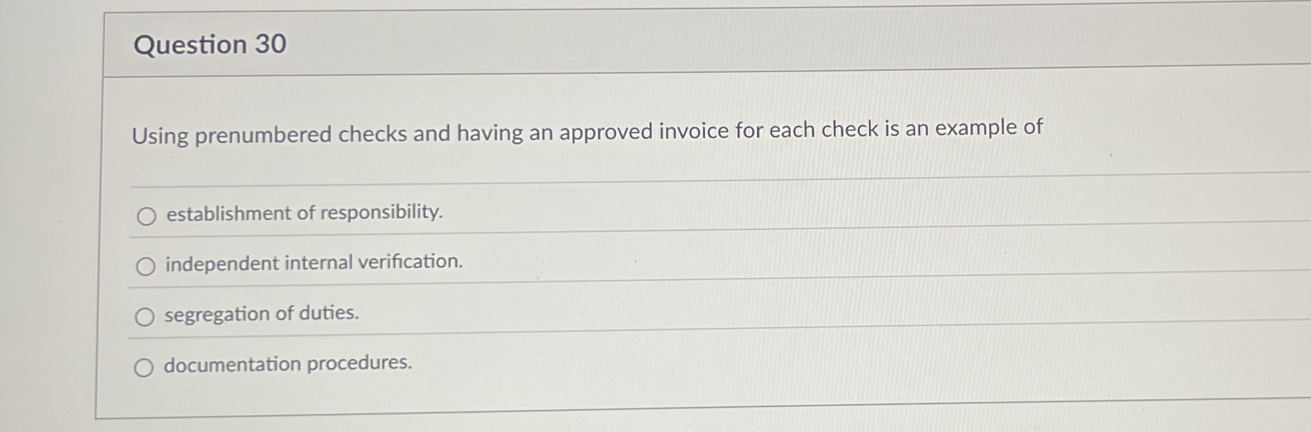  Question 30 Using prenumbered checks and having an approved invoice for