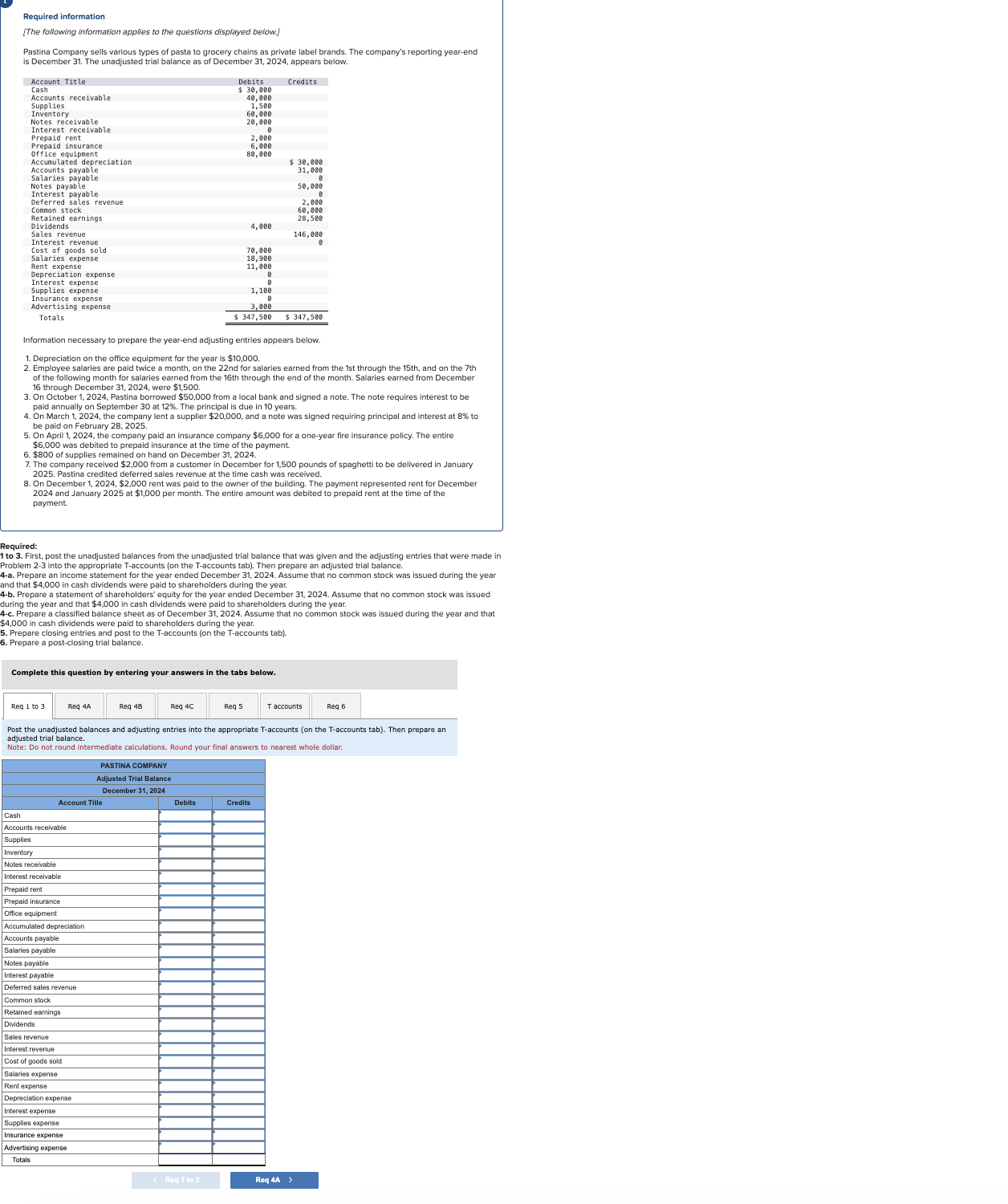  Required: 1 to 3. First, post the unadjusted balances from the