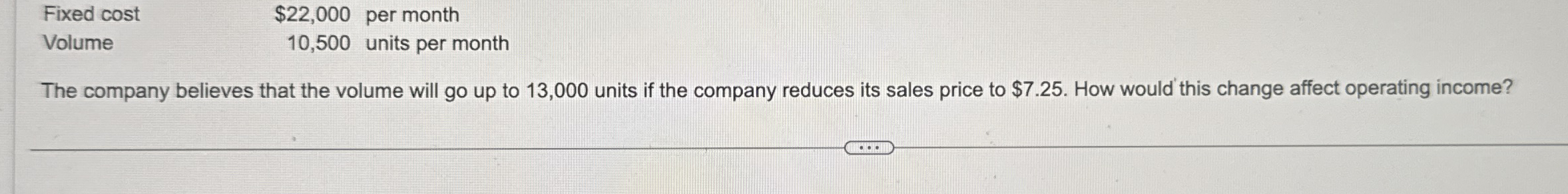  Fixed cost $22,000 per month Volume 10,500 units per month The