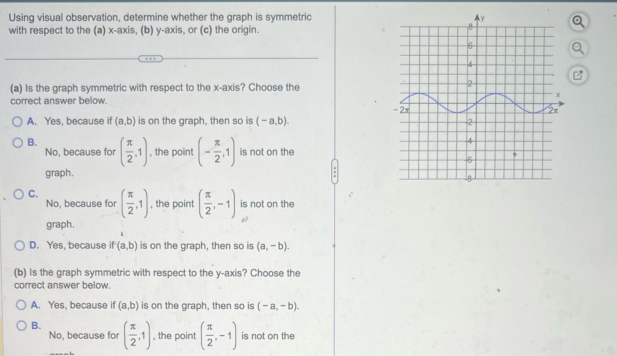  Using visual observation, determine whether the graph is symmetric + with