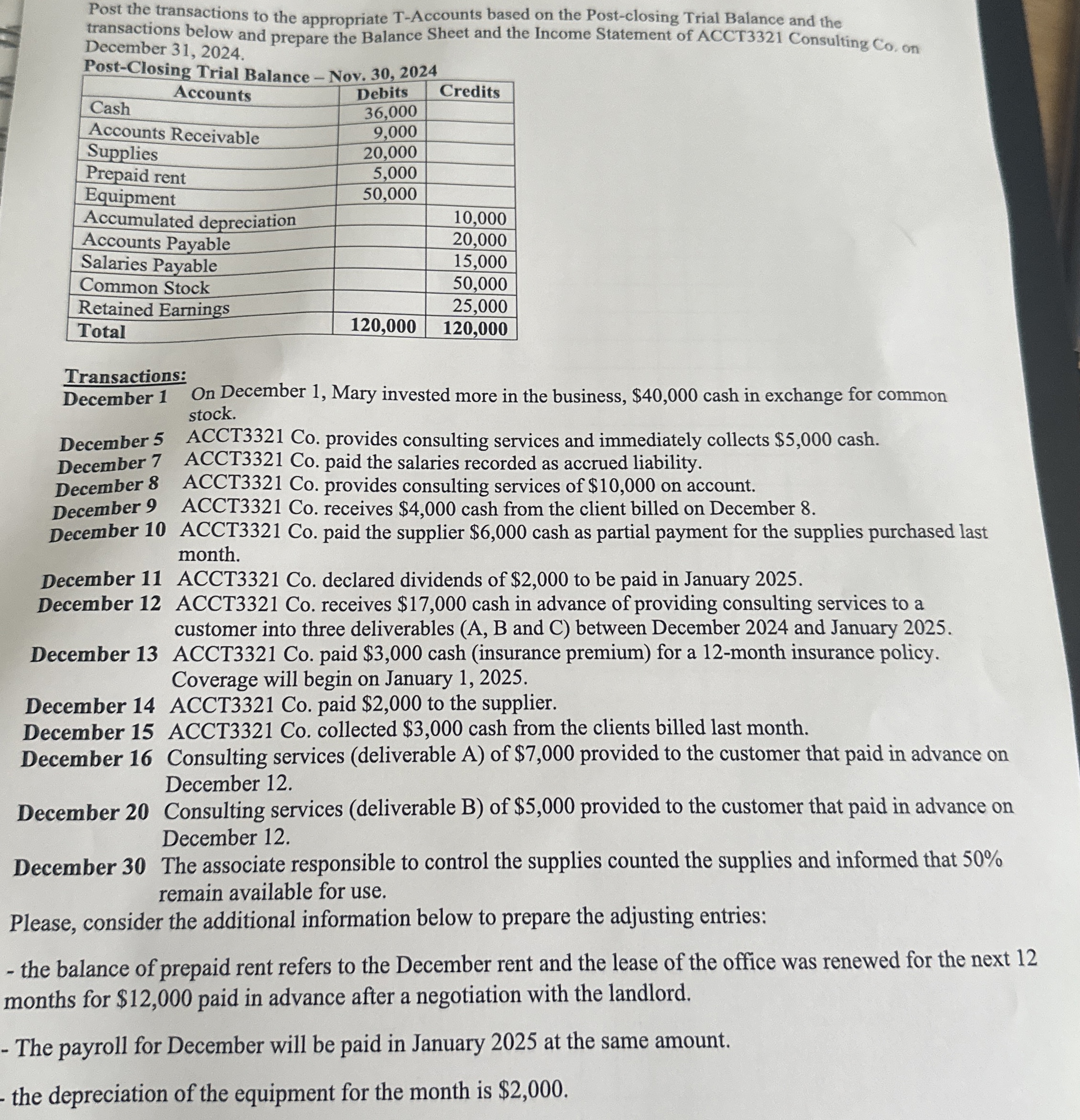  Intermediate Accounting I Exercise (Review)- ACCT3321 Consulting Co Post the transactions