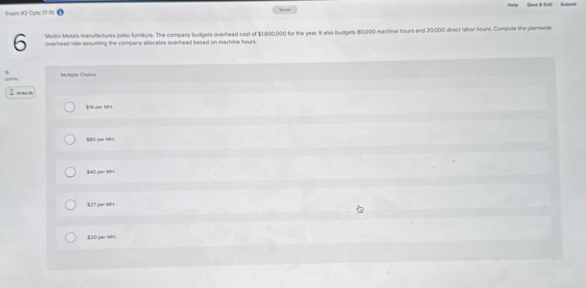  overhead rate assuming the company allocates overhead based on machine hours.