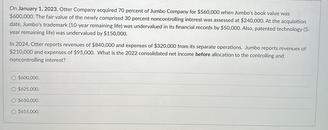  On January 1,2023, Otter Company acquired 70 percent of Jumbo Company