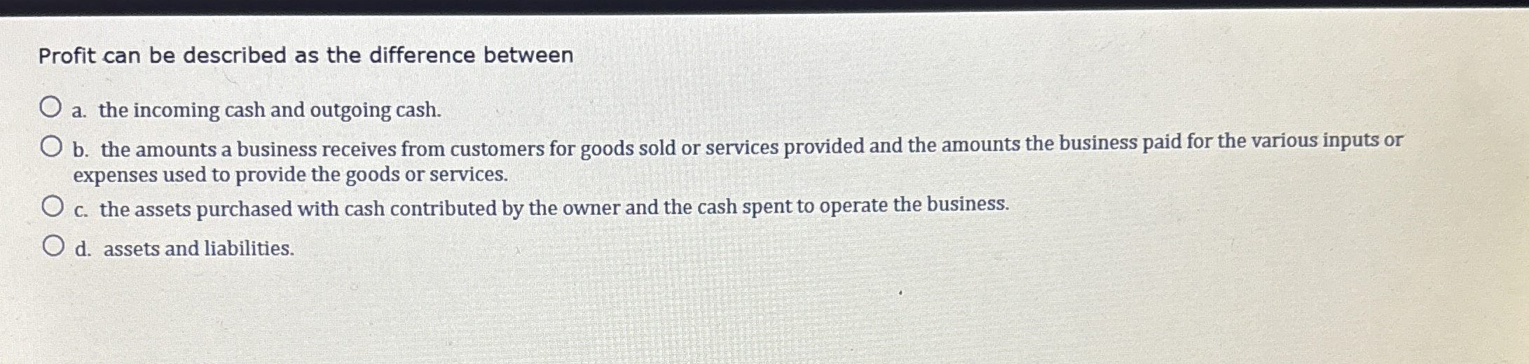  Profit can be described as the difference between a. the incoming