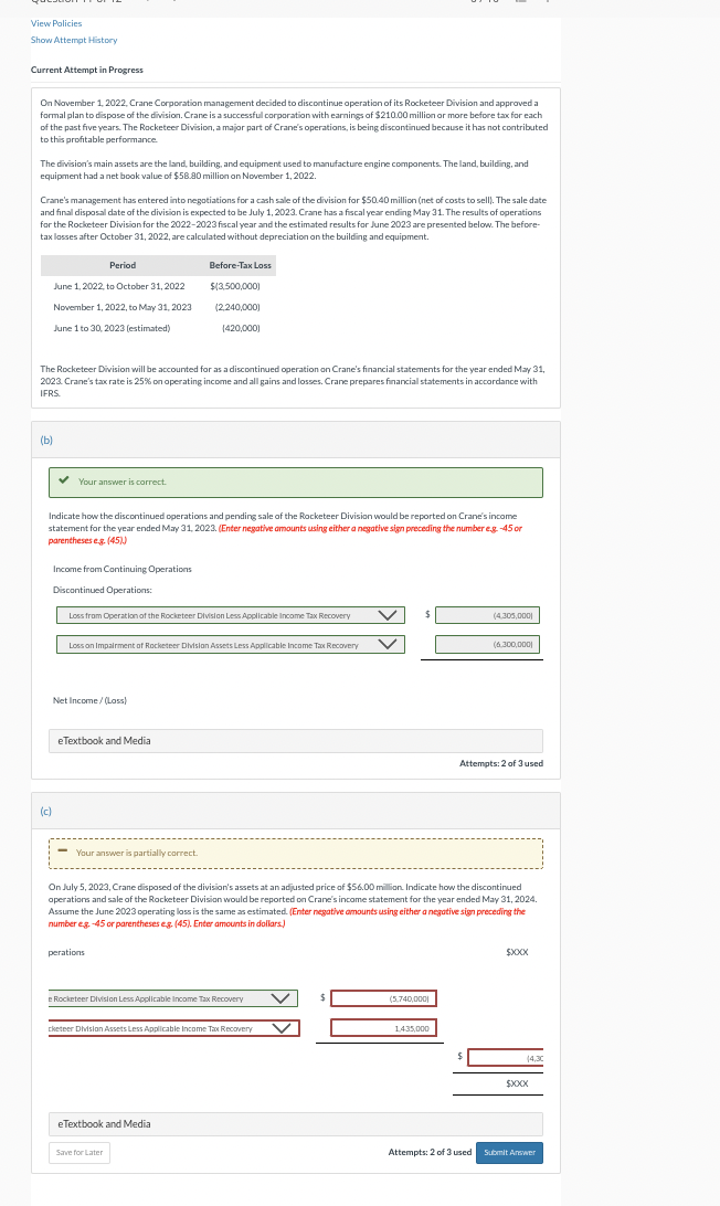  Current Attempt in Progress On November 1,2022, Crane Corporation management decided