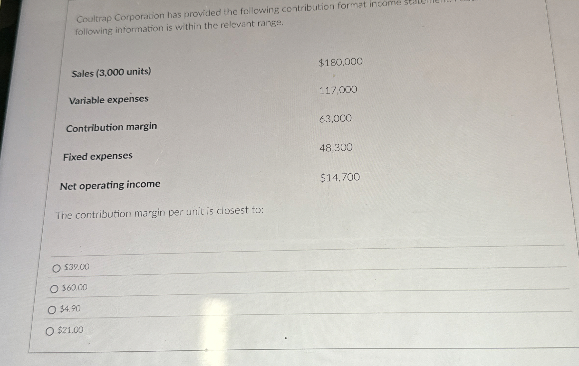  following information is within the relevant range. Sales (3,000 units) $180,000