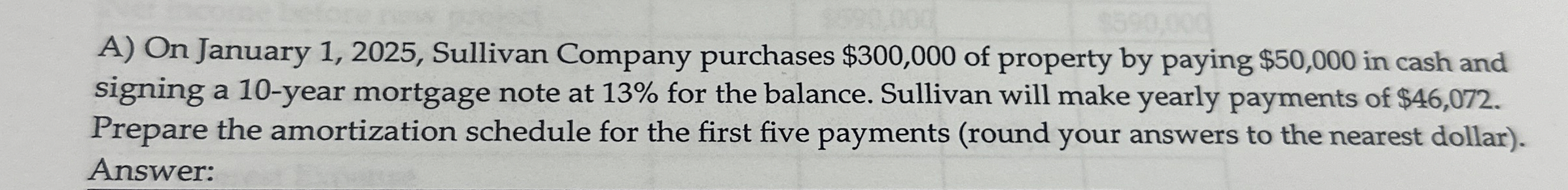  A) On January 1,2025, Sullivan Company purchases $300,000 of property by