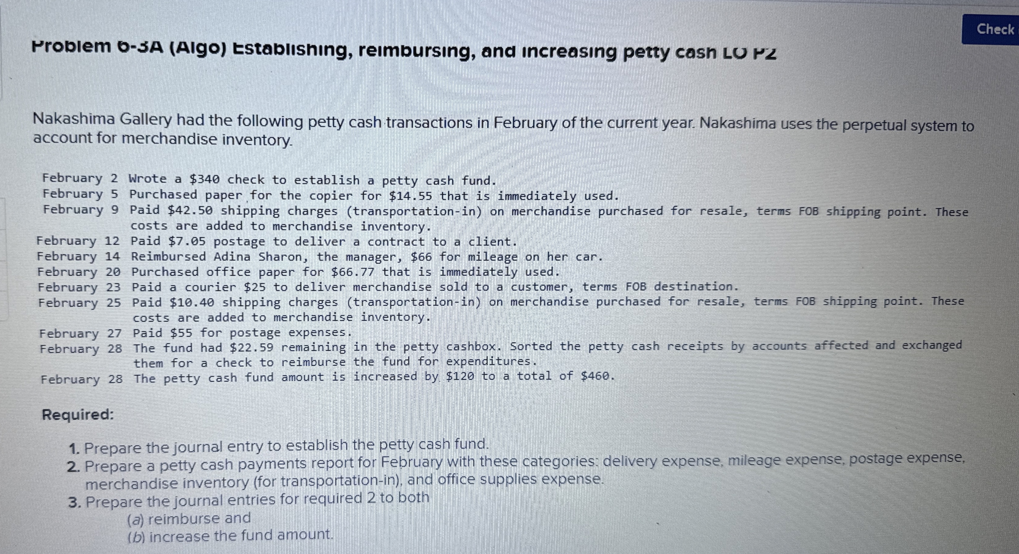  rroblem 0-3A (AIgO) tstablishing, rembursing, and increasing petty cash LU p2