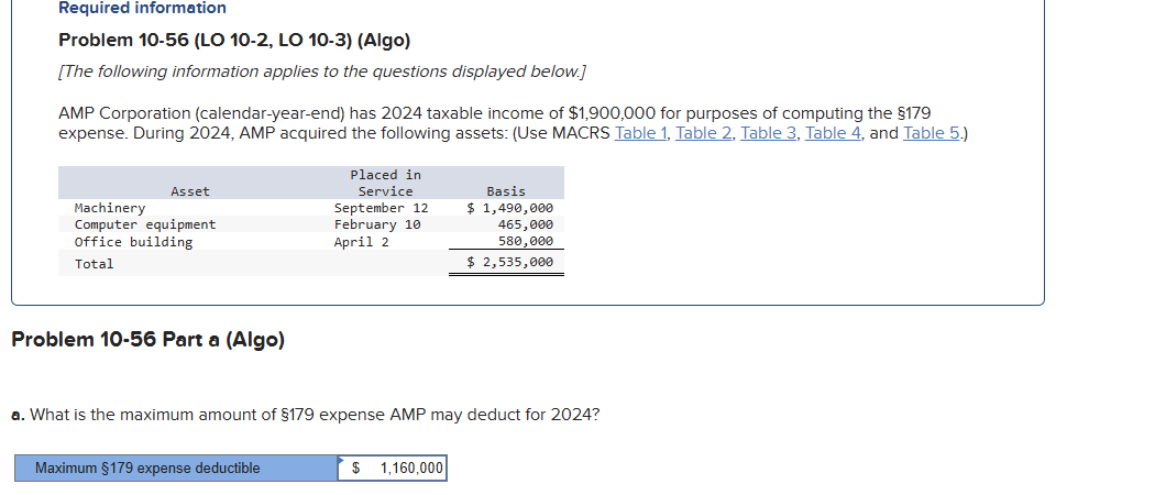  Required information Problem 10-56(LO 10-2, LO 10-3)(Algo) [The following information applies