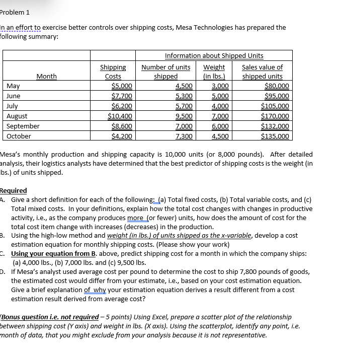  Problem 1 In an effort to exercise better controls over shipping