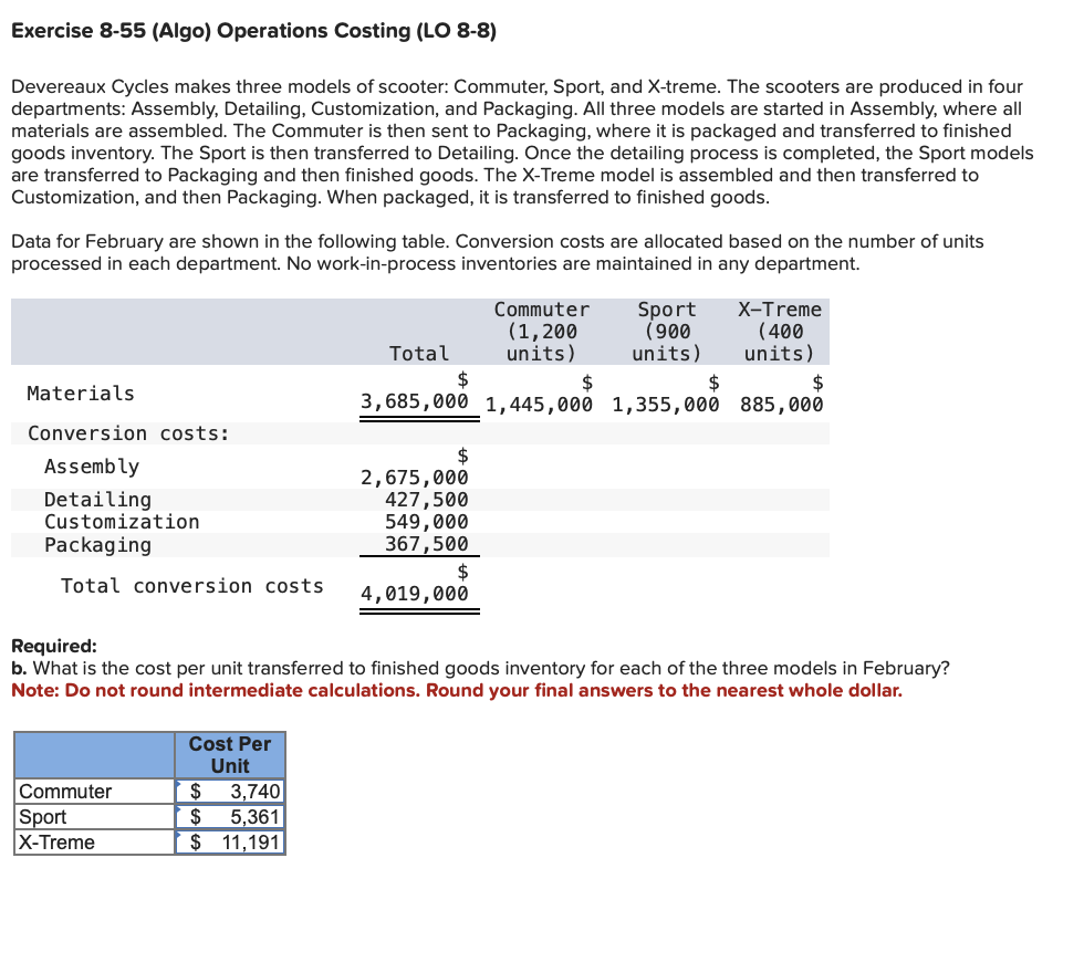  Exercise 8-55(Algo) Operations Costing (LO 8-8) Devereaux Cycles makes three models