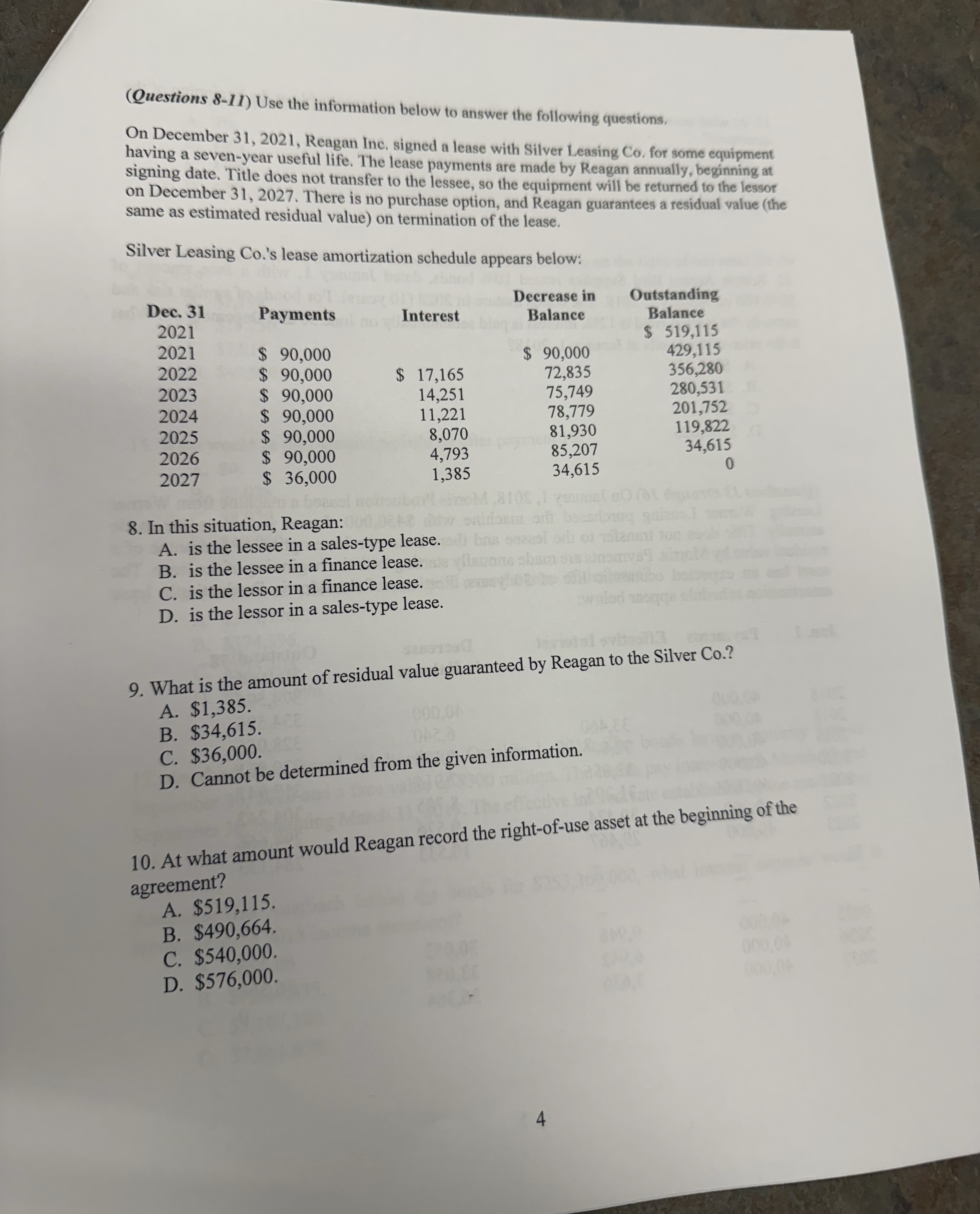  (Questions 8-11) Use the information below to answer the following questions.