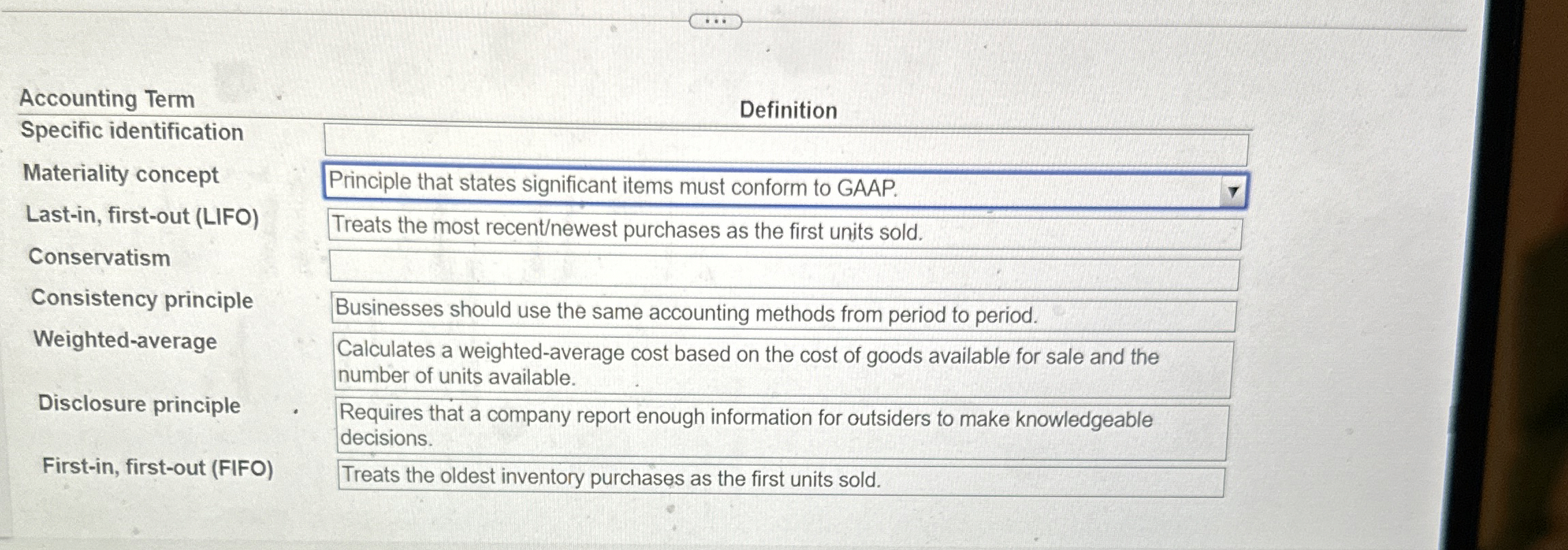  Accounting Term Definition Specific identification Materiality concept Last-in, first-out (LIFO) Conservatism