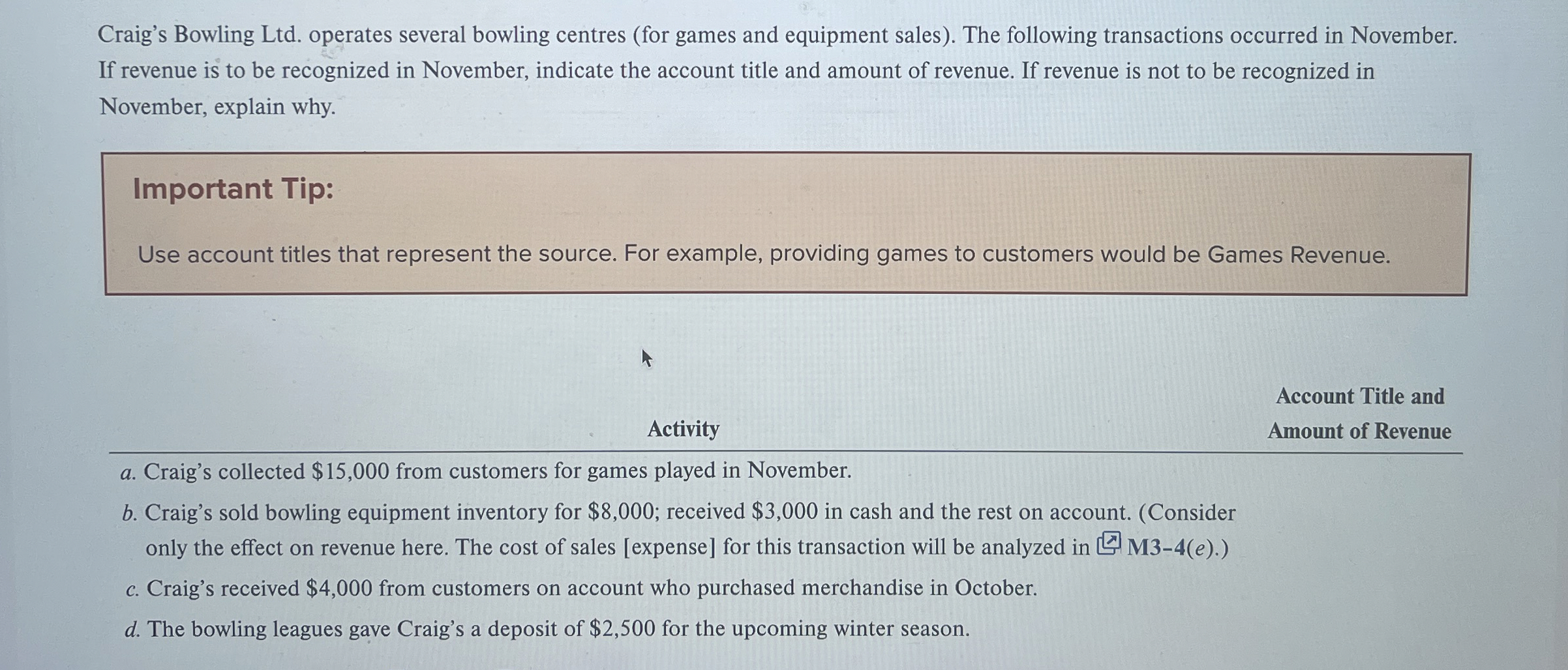  Craig's Bowling Ltd. operates several bowling centres (for games and equipment