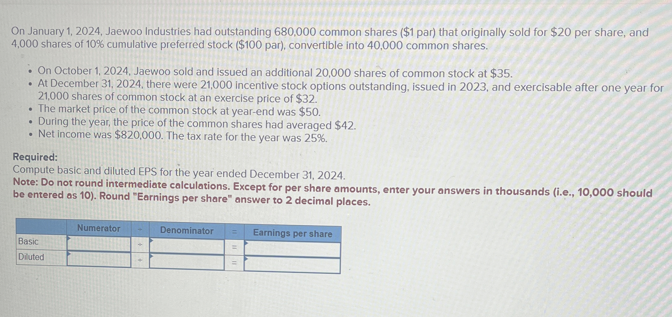  On January 1,2024, Jaewoo Industries had outstanding 680,000 common shares (