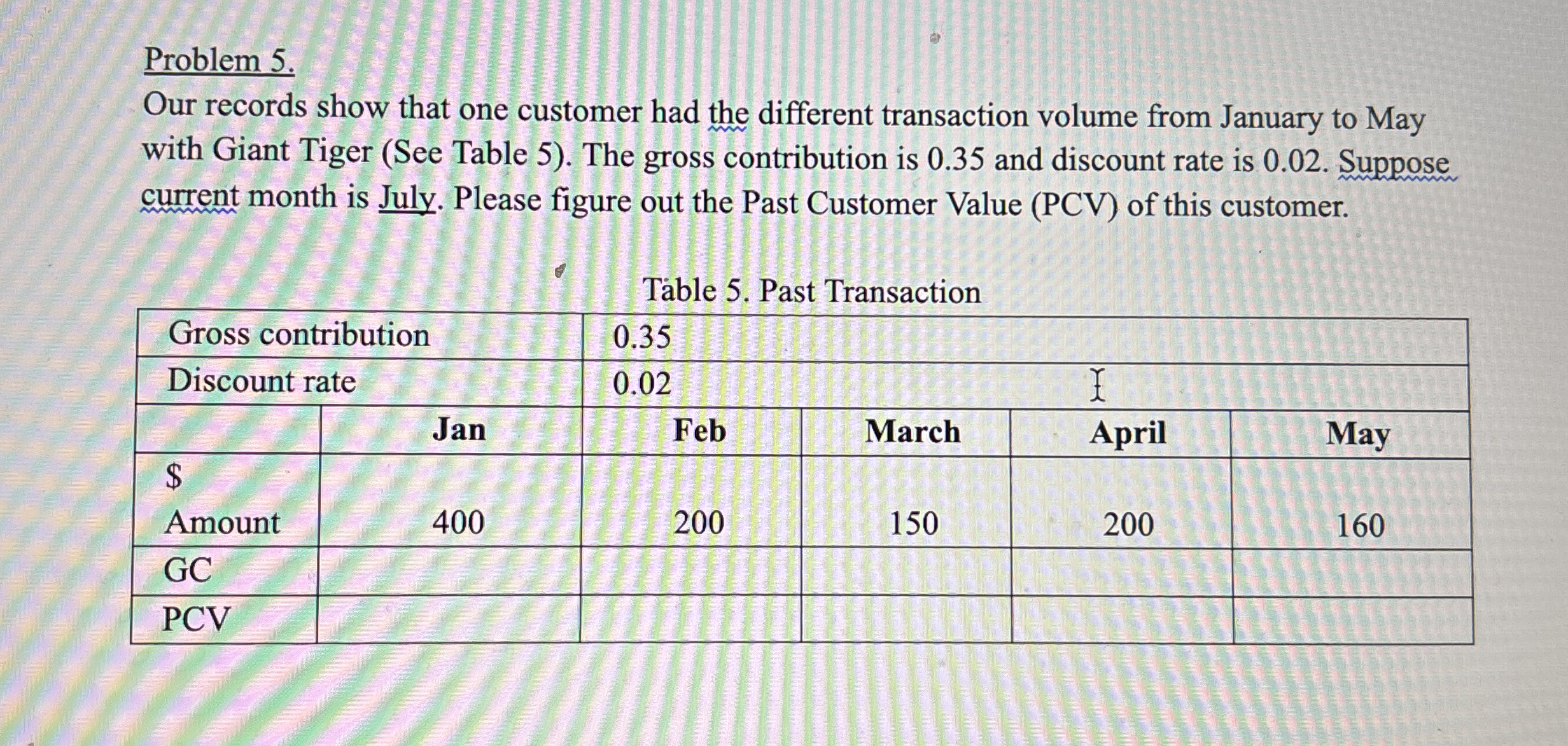  Problem 5. Our records show that one customer had the different