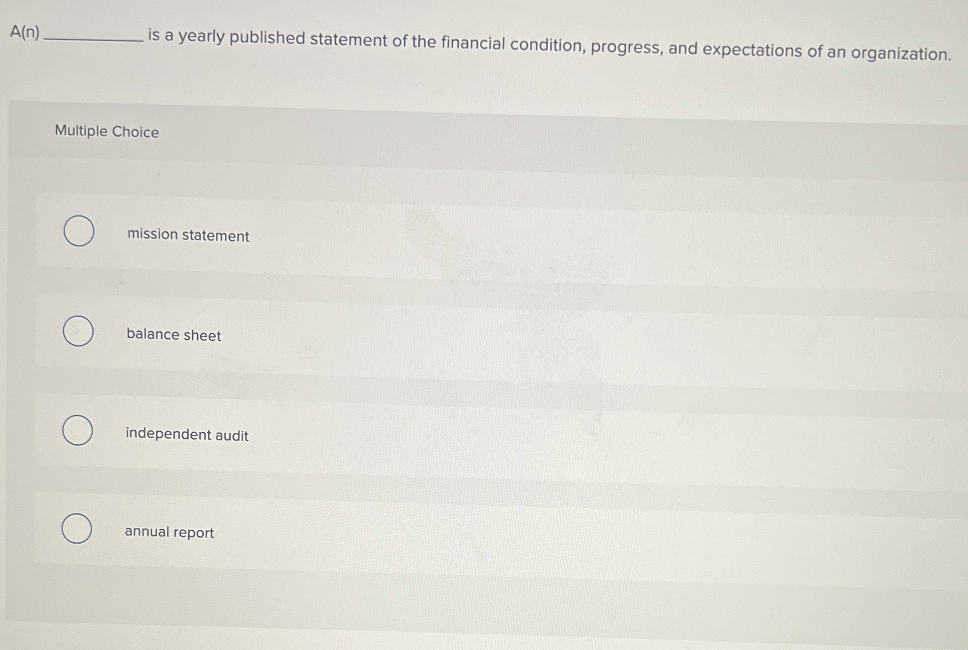  A(n) is a yearly published statement of the financial condition, progress,