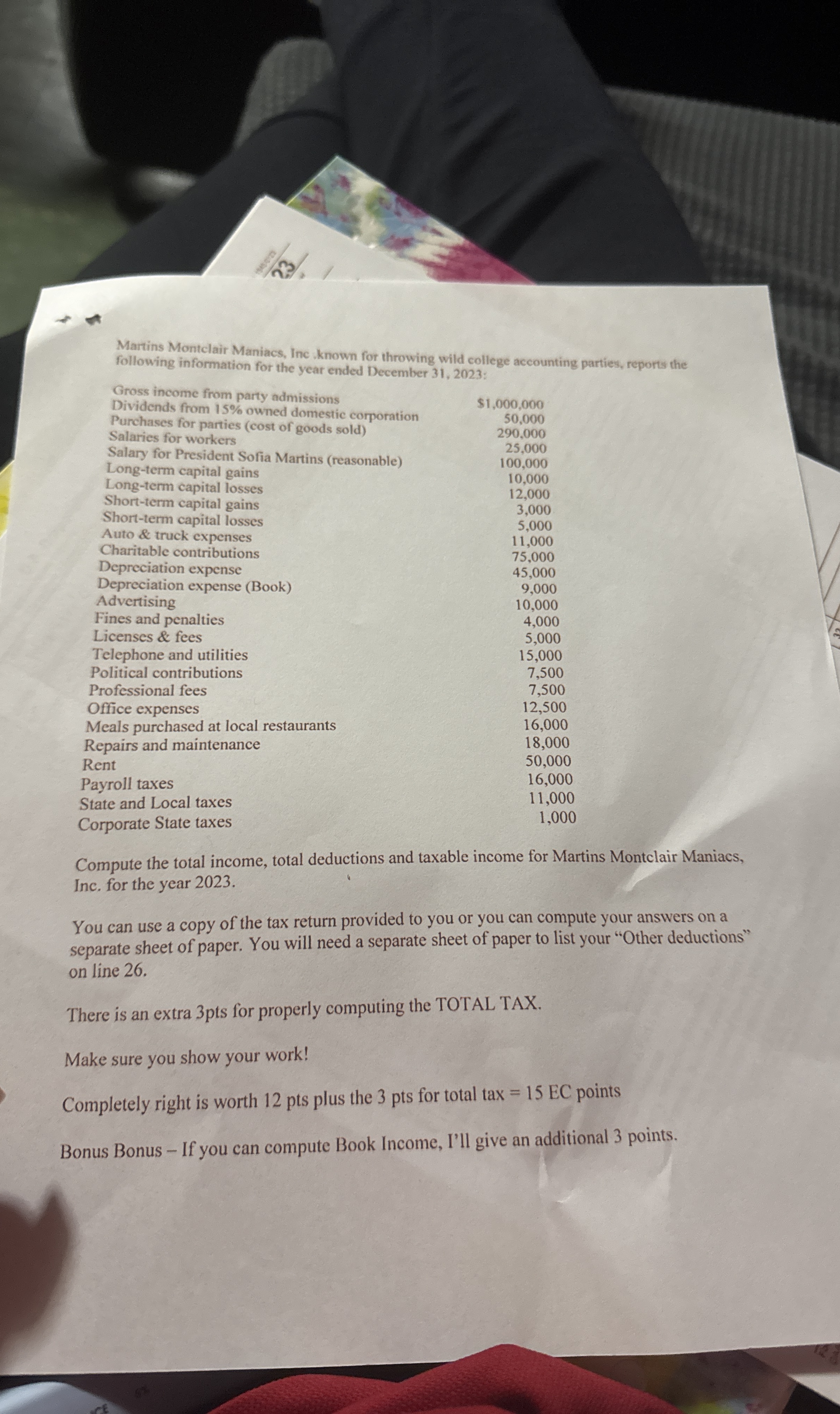  Provided is a 1120 Tax Form. Please fill out with below