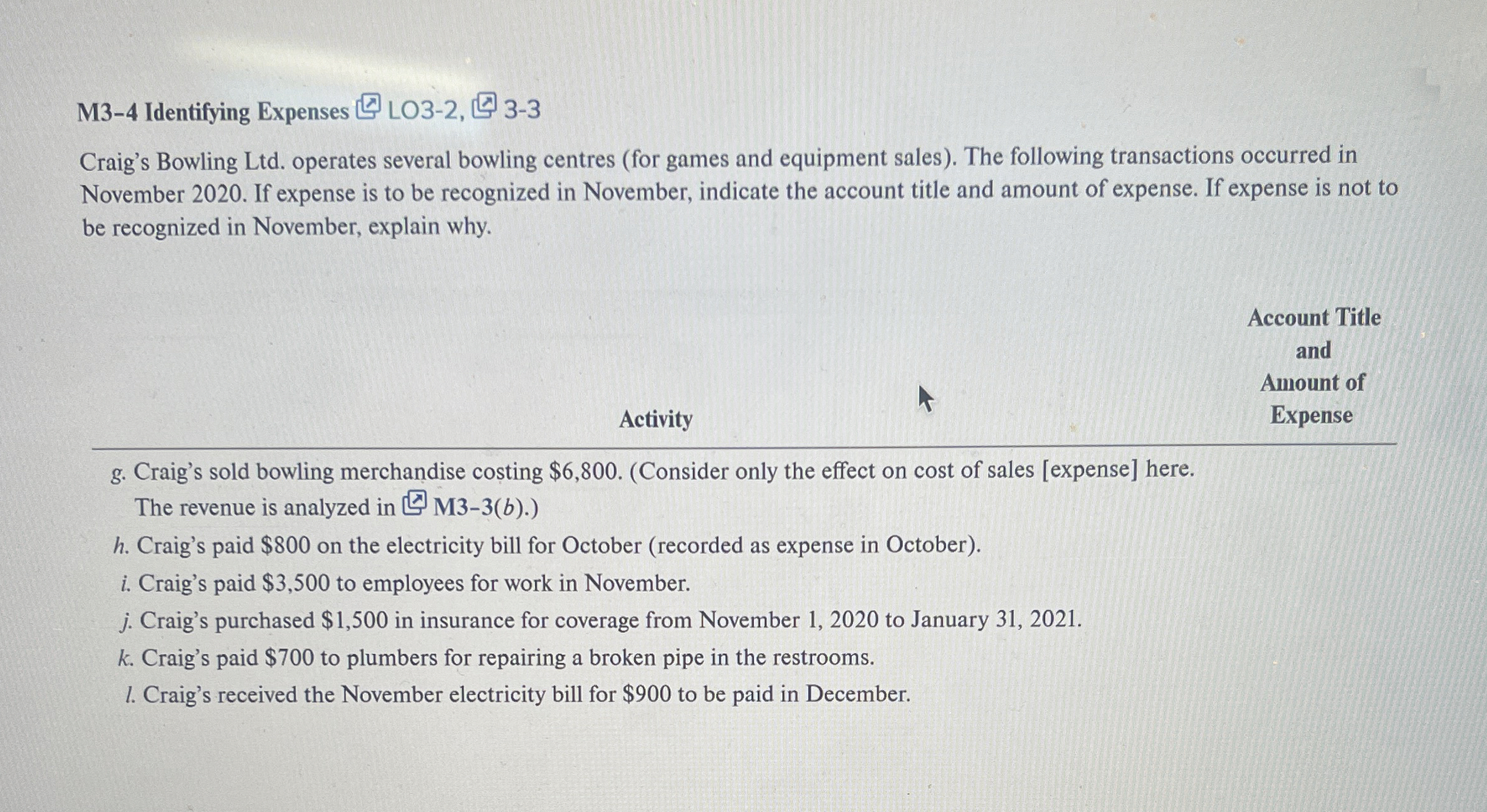  M3-4 Identifying Expenses LO3-2, 3-3 Craig's Bowling Ltd. operates several bowling