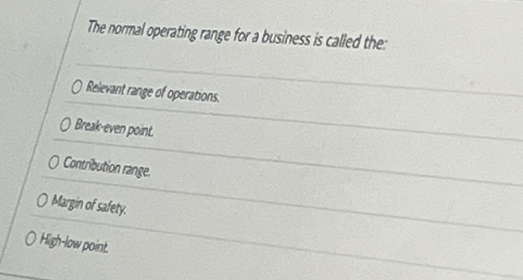  The normal operating range for a business is called the: Reivant