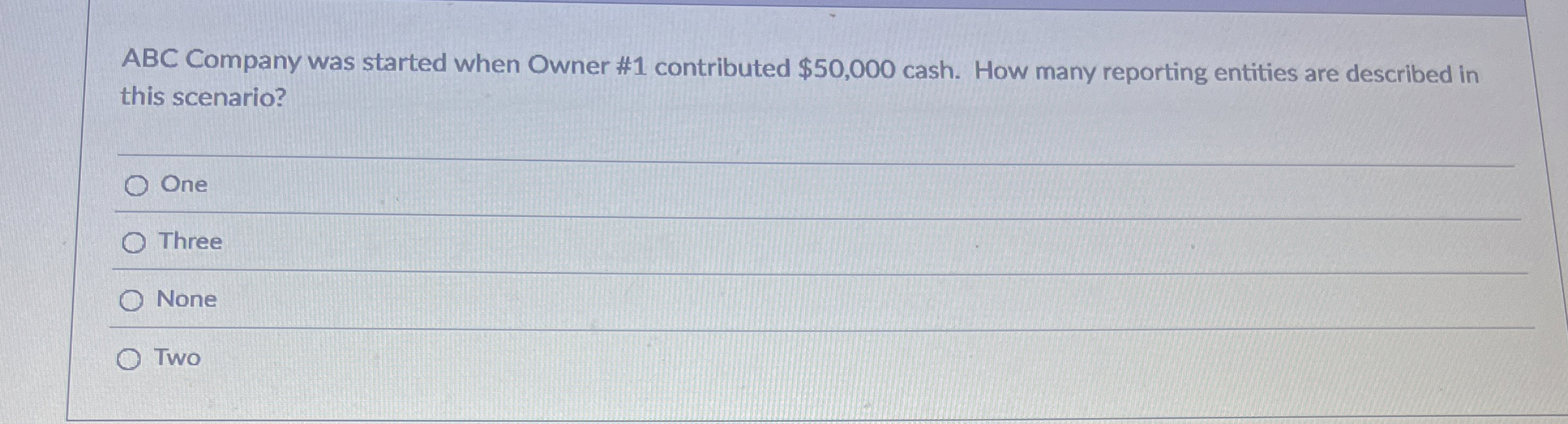  ABC Company was started when Owner #1 contributed $50,000 cash. How