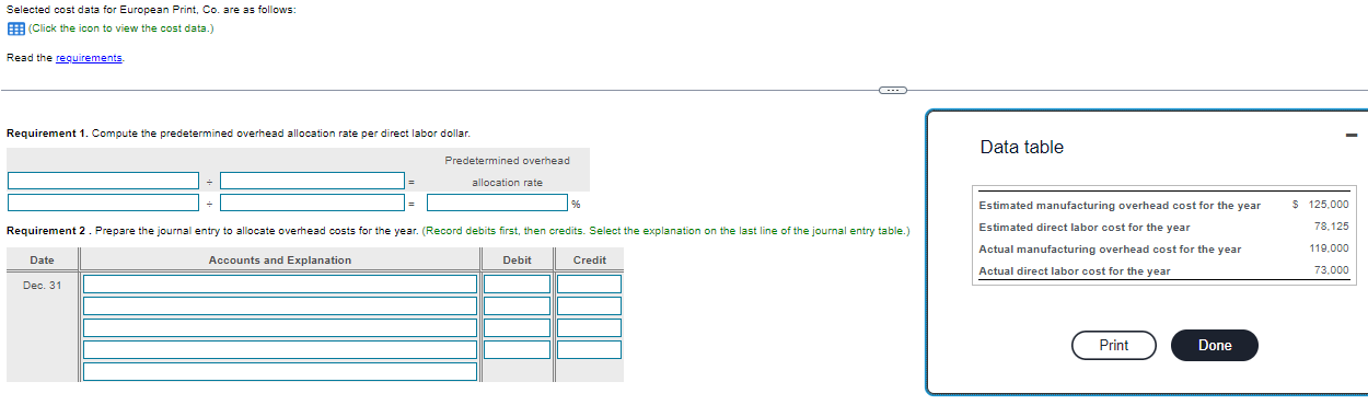  Read the requirements. Requirement 1. Compute the predetermined overhead allocation rate