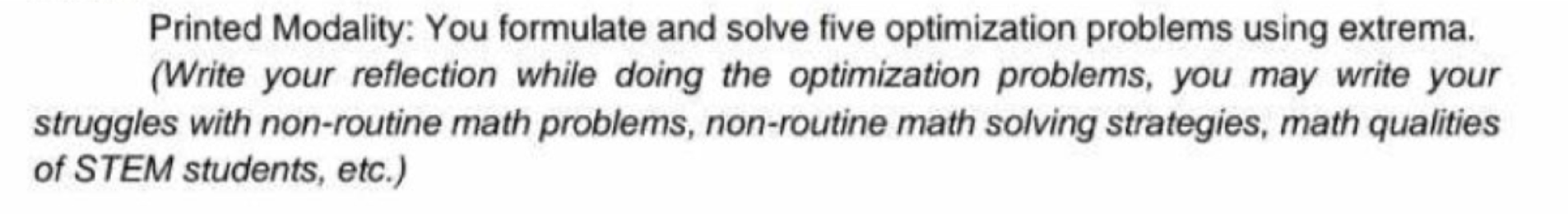  Printed Modality: You formulate and solve five optimization problems using extrema.
