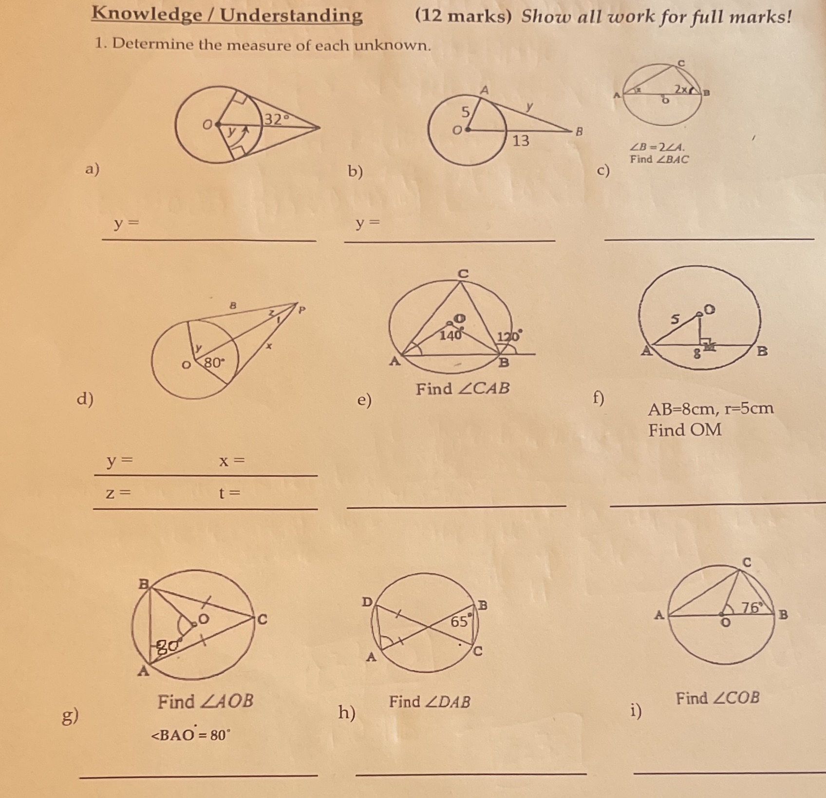 Knowledge / Understanding (12 marks) Show all work for full marks!