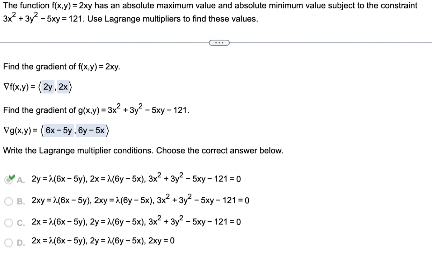  The function f(x,y) = 2xy has an absolute maximum value and