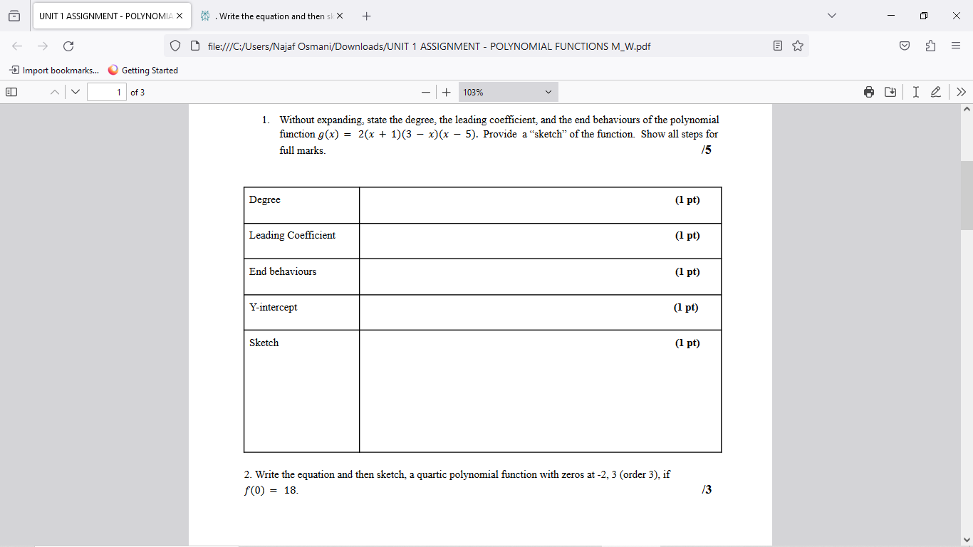 UNIT 1 ASSIGNMENT - POLYNOMIAL X . Write the equation and
